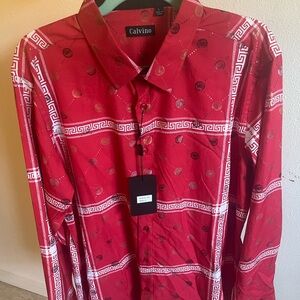 men's shirt with white designs and soft gold circles, SIZES L AND XL AVAILABLE
